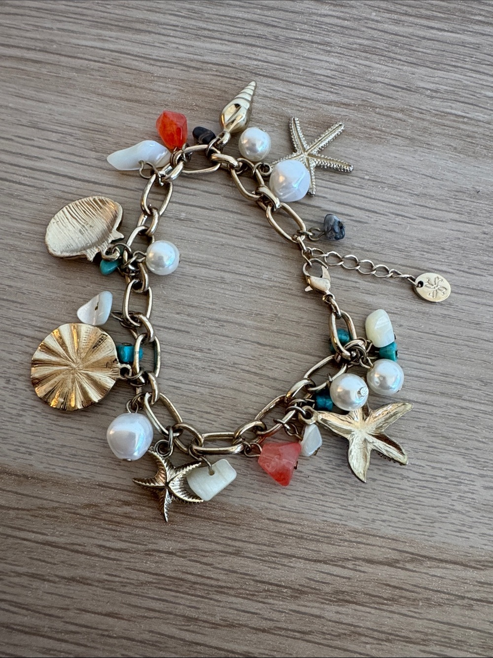 Gold Tone Sea Charm Bracelet with White Pearls and Coral Accents